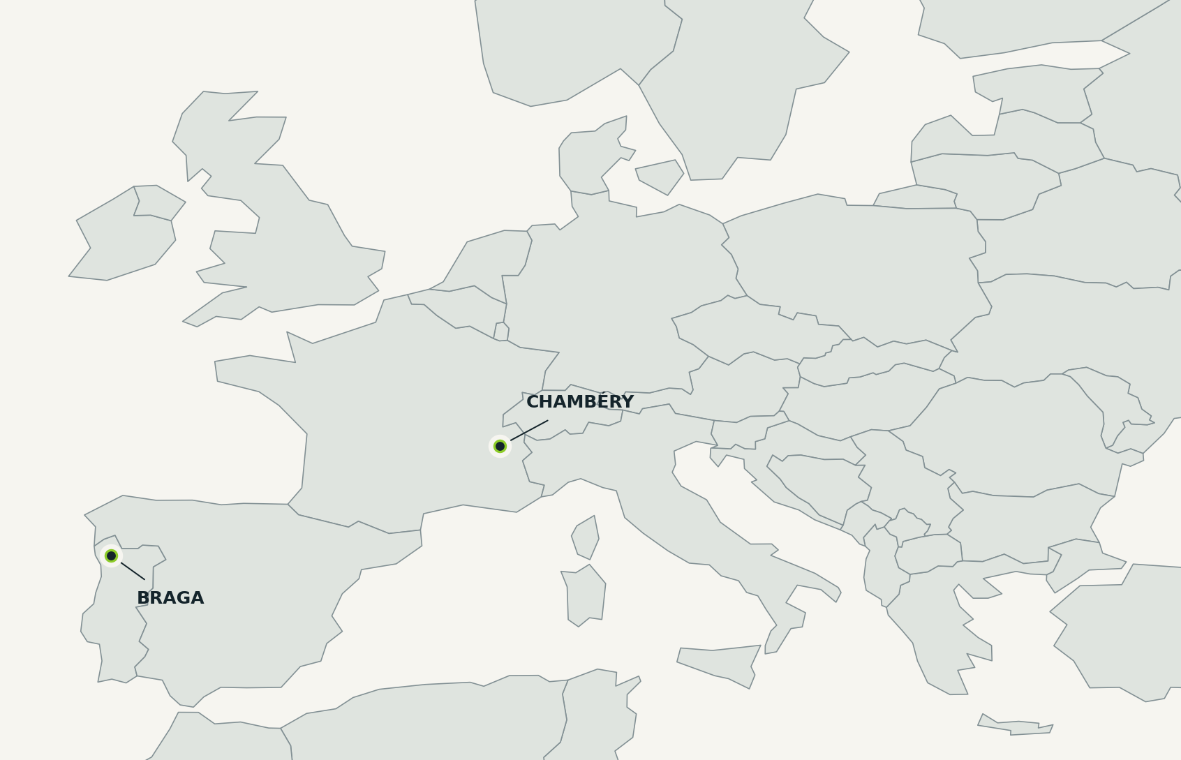 Map of Europe showing Chambéry and Braga